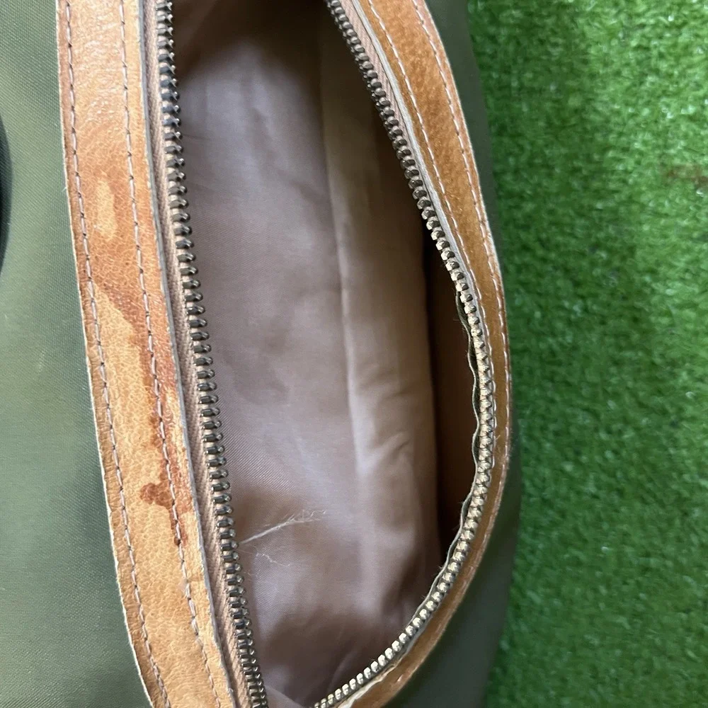 Vintage Waxed Canvas Weekender Duffle Bag Olive Drab Brown Leather Western 70s